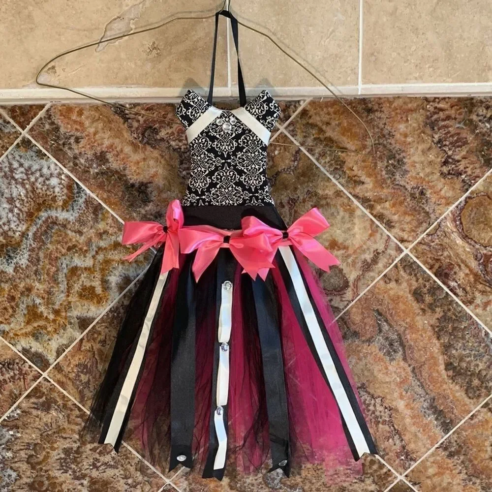 Girls Damask Dress Bow Holder with Tulle Tutu Red and Pink
